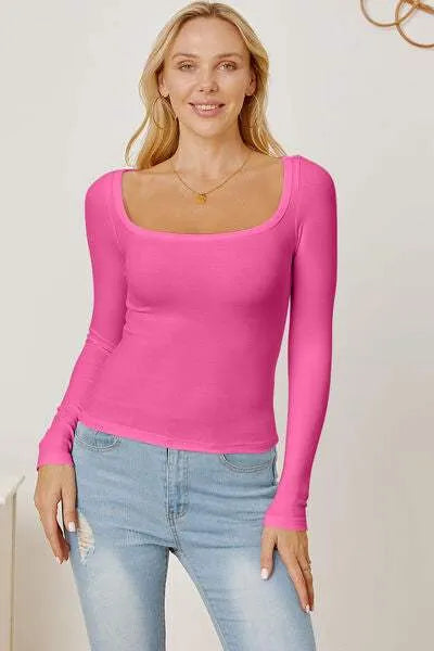 Square Neck Long Sleeve T-Shirt Fuchsia Pink Women's T-Shirts - Tophatter Daily Deals